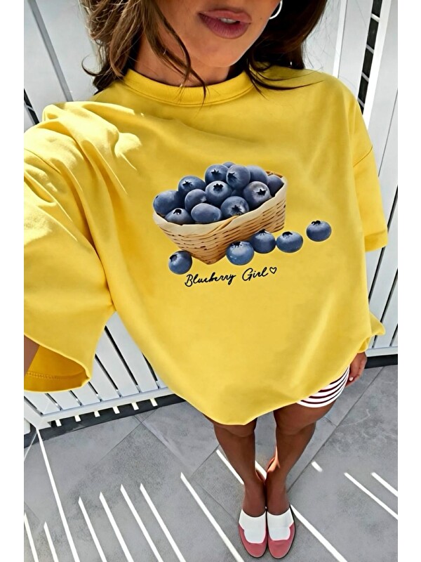 Oksit Blueberry Girl Tasarım Baskılı Pamuklu Oversize Kadın T-Shirt