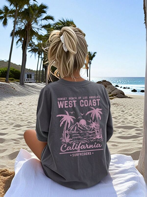 Trendseninle Kadın Füme West Coast Calif Baskı Regular Fit Tişört