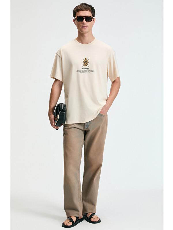 GRIMELANGE BOLD Erkek %100 Pamuk Oversize Fit Baskılı Kısa Kollu Yuvarlak Yakalı VANİLYA T-Shirt