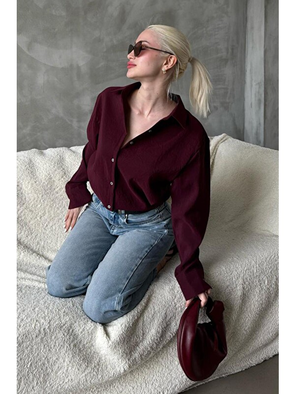 Madmext Bordo Kırışık Desen Kadın Gömlek Mg2313