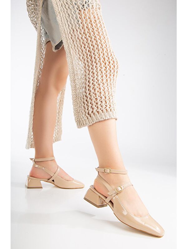 D0351 Kadın Arkası Açık Kare Burunlu Baretli Düşük Klasik Topuklu Ayakkabı - Görsel 3