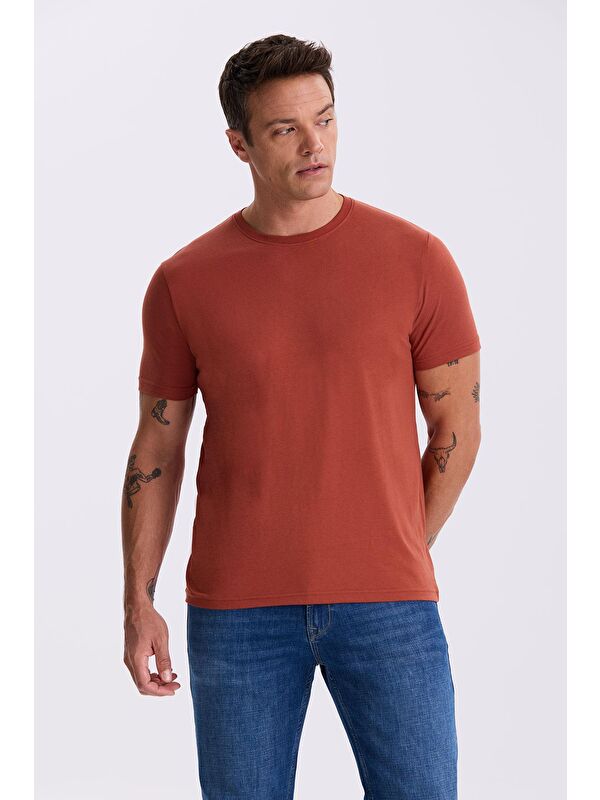 JAKAMEN Tarçın %100 Pamuk Slim Fit Bisiklet Yaka Basic T-Shirt