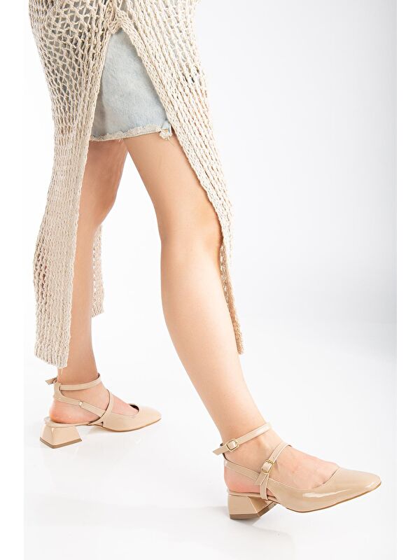 D0351 Kadın Arkası Açık Kare Burunlu Baretli Düşük Klasik Topuklu Ayakkabı - Görsel 4