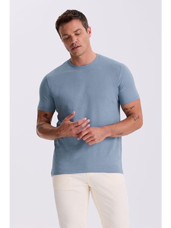 JAKAMEN Mavi %100 Pamuk Slim Fit Bisiklet Yaka Basic T-Shirt