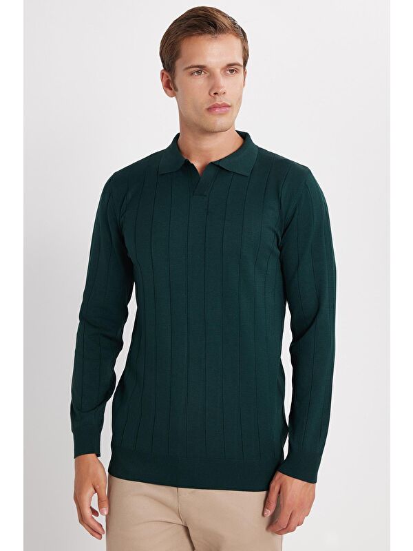 TUDORS Erkek Slim Fit Dar Kesim Uzun Kol Polo Yaka Çizgili Yeşil Kazak