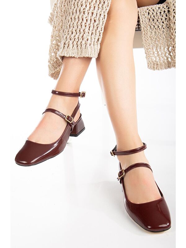 D0351 Kadın Arkası Açık Kare Burunlu Baretli Düşük Klasik Topuklu Ayakkabı - Görsel 3