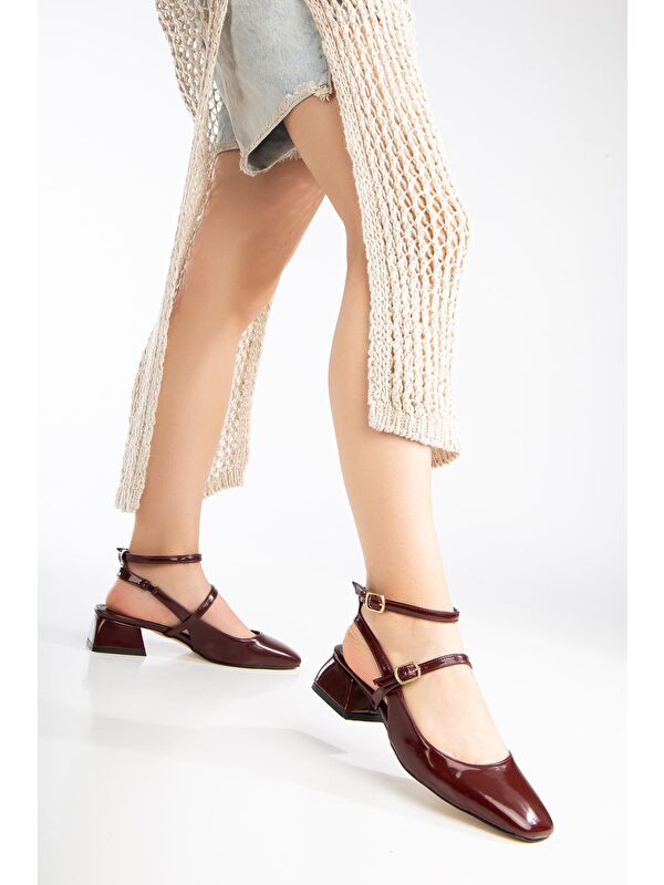 D0351 Kadın Arkası Açık Kare Burunlu Baretli Düşük Klasik Topuklu Ayakkabı - Görsel 4