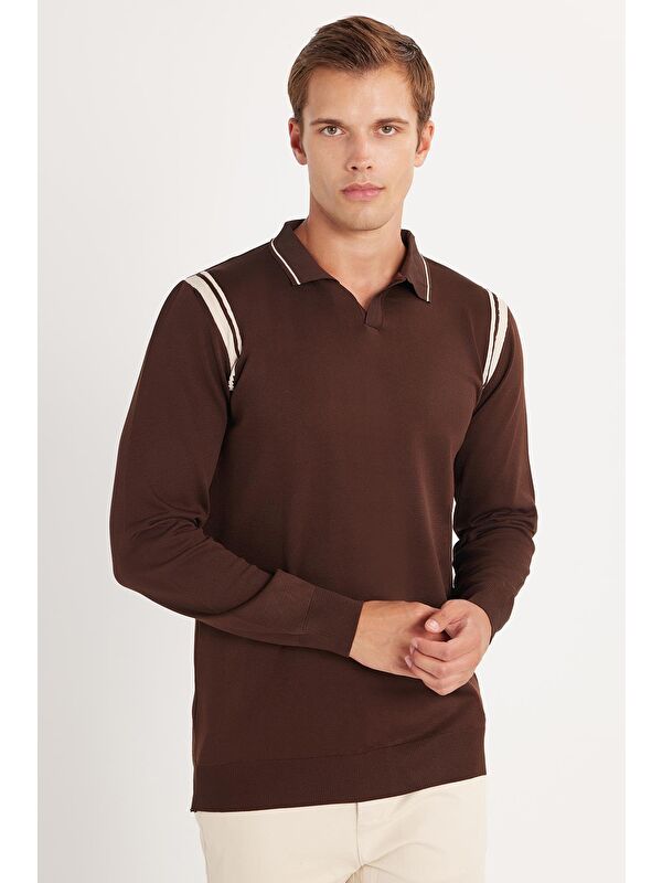 TUDORS Erkek Slim Fit Dar Kesim Uzun Kol Polo Yaka Çizgili Kahverengi Kazak