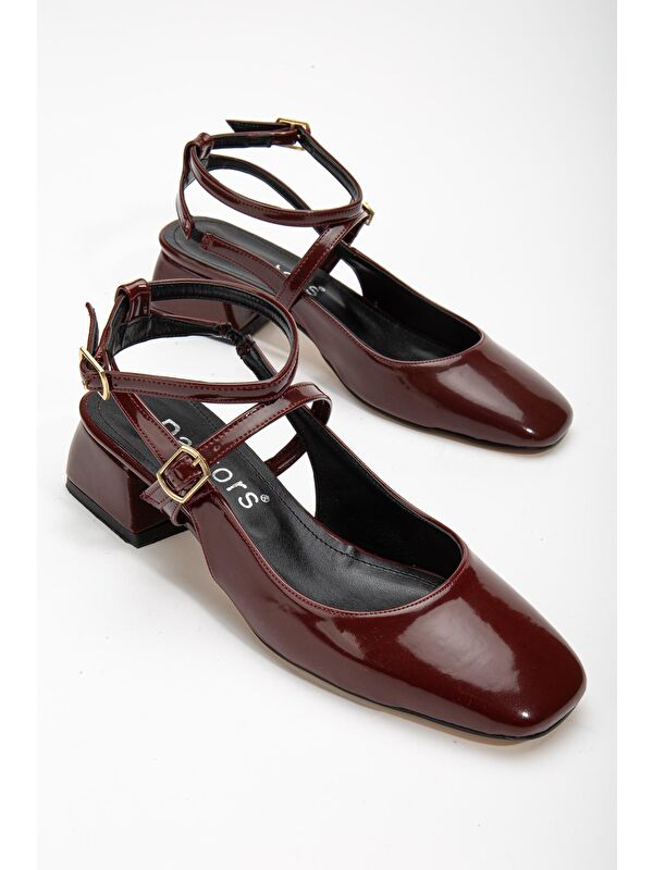 D0351 Kadın Arkası Açık Kare Burunlu Baretli Düşük Klasik Topuklu Ayakkabı - Görsel 5