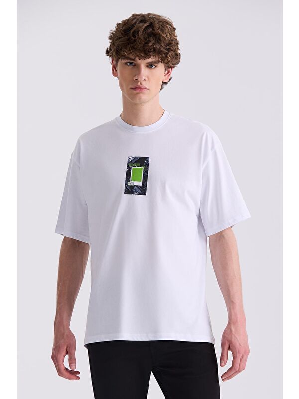 JAKAMEN Beyaz Baskılı Bisiklet Yaka T-Shirt