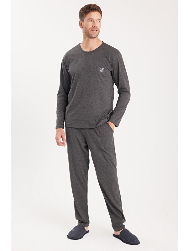 TUDORS Erkek Standart Fit %100 Pamuk Bisiklet Yaka Beli Lastikli Antrasit Pijama Takımı