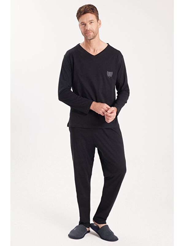 TUDORS Erkek Standart Fit %100 Pamuk V Yaka Beli Lastikli Siyah Pijama Takımı