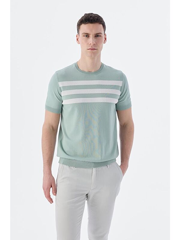 JAKAMEN Mint Beyaz Slim Fit Bisiklet Yaka Desenli Triko T-Shirt