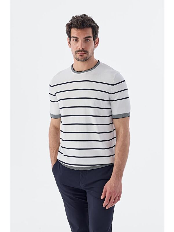 JAKAMEN Beyaz Lacivert Slim Fit Bisiklet Yaka Çizgili Triko T-Shirt