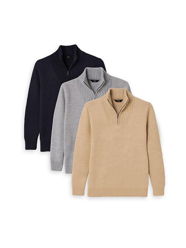 TUDORS Erkek 3'Lü Paket Taş-Açık Gri-Lacivert Slim Fit Dar Kesim Fermuarlı Dik Yaka Triko Kazak