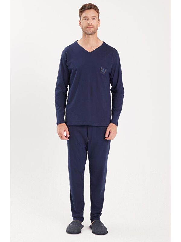 TUDORS Erkek Standart Fit %100 Pamuk V Yaka Beli Lastikli Lacivert Pijama Takımı