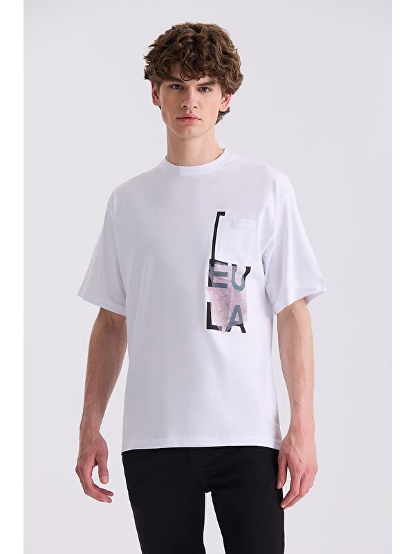 JAKAMEN Beyaz Yazı Baskılı Bisiklet Yaka T-Shirt