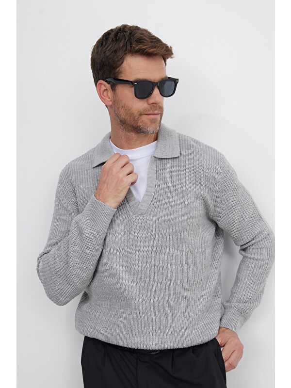 TUDORS Erkek Slim Fit Dar Kesim Polo Yaka Gri Kazak