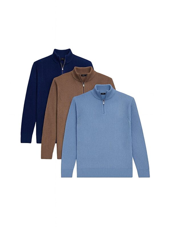 TUDORS Erkek 3'Lü Paket İndigo-Vizon-Lacivert Slim Fit Dar Kesim Fermuarlı Dik Yaka Triko Kazak