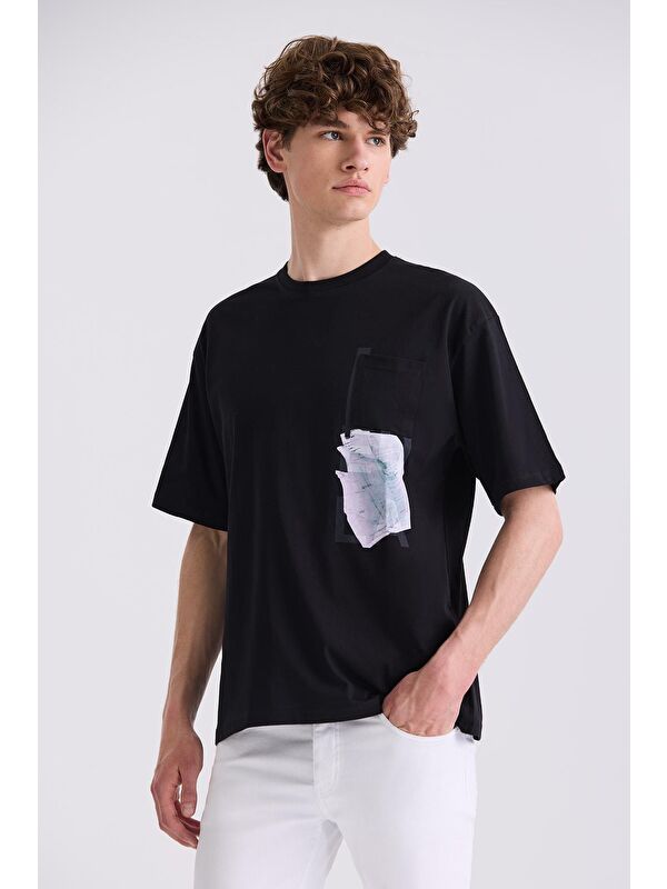 JAKAMEN Siyah Yazı Baskılı Bisiklet Yaka T-Shirt