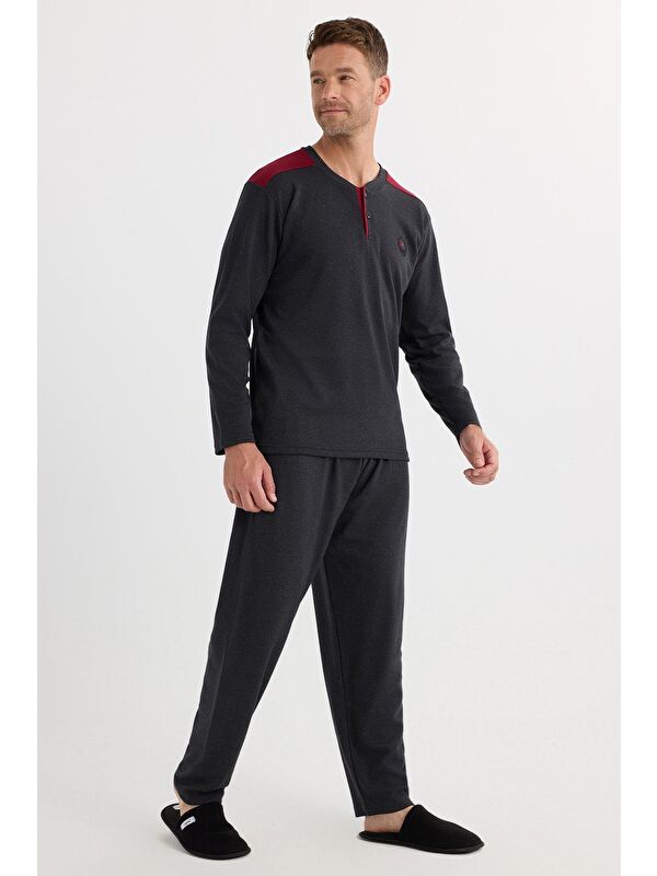 TUDORS Erkek Regular Fit Pamuklu Düğmeli Yaka Beli Lastikli Desenli Antrasit Pijama Takımı