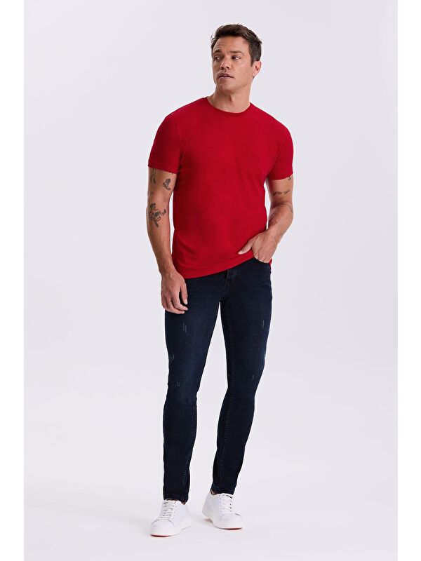 JAKAMEN Kırmızı %100 Pamuk Slim Fit Bisiklet Yaka Basic T-Shirt