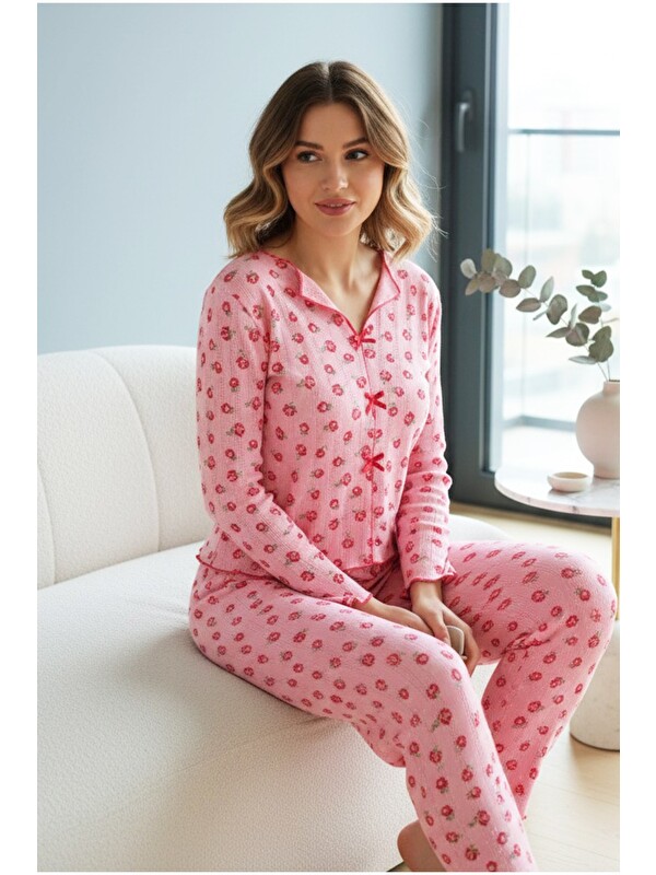Siyah İnci Pamuklu Fiyonk Detaylı Ajurlu Delikli Örme Pijama Takım7927-5