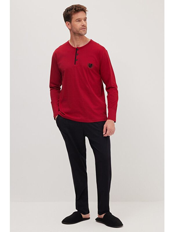 TUDORS Erkek Standart Fit Normal Kesim %100 Pamuk Bisiklet Yaka Beli Lastikli Siyah Pijama Takımı