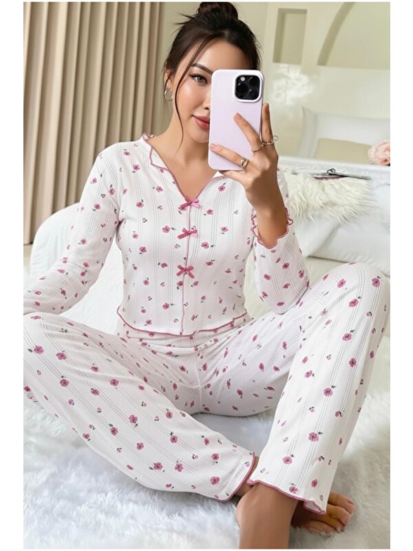 Siyah İnci Pamuklu Ajurlu Delikli Örme Pijama Takım7927-8
