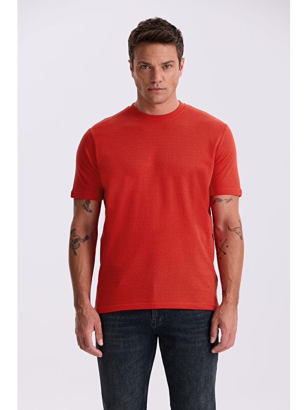 JAKAMEN Kırmızı %100 Pamuk Desenli Bisiklet Yaka T-Shirt