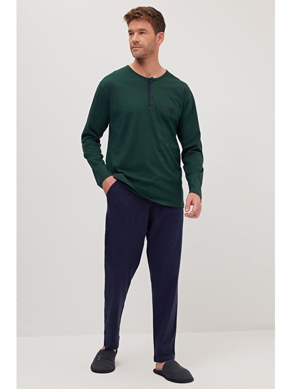 TUDORS Erkek Standart Fit Normal Kesim %100 Pamuk Bisiklet Yaka Beli Lastikli Lacivert Pijama Takımı