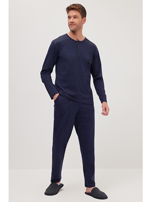 TUDORS Erkek Standart Fit Normal Kesim %100 Pamuk Bisiklet Yaka Beli Lastikli Lacivert Pijama Takımı