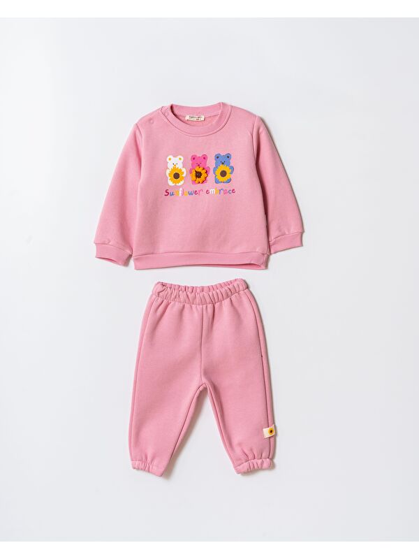 Magu Kız Çocuk Pamuklu Pembe Ayıcık Baskılı Sweatshirt Ve Eşofman Takım