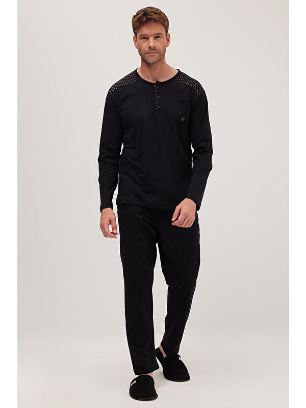 TUDORS Erkek Standart Fit Normal Kesim %100 Pamuk Bisiklet Yaka Beli Lastikli Siyah Pijama Takımı
