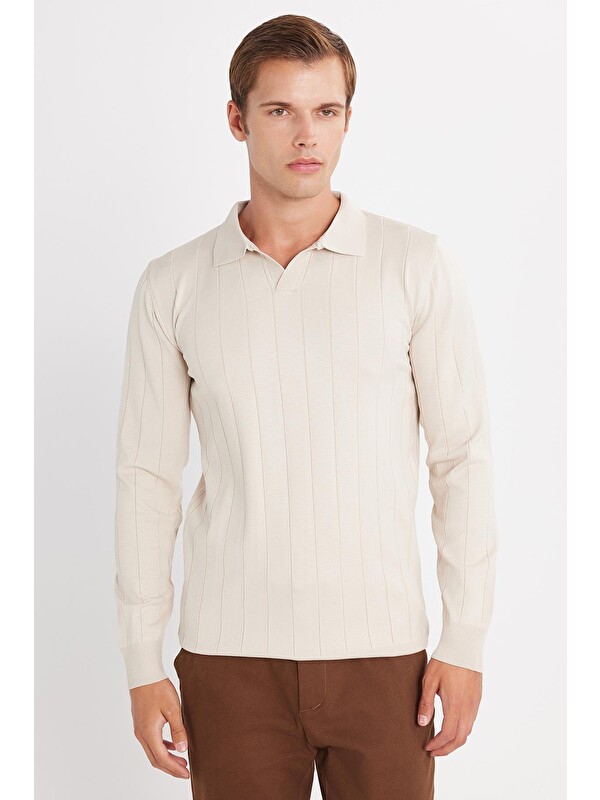 TUDORS Erkek Slim Fit Dar Kesim Uzun Kol Polo Yaka Çizgili Taş Kazak