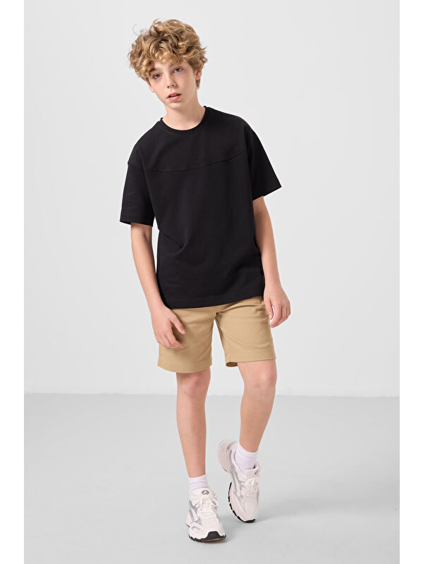 Tommylife Siyah-Koyu Bej Pamuklu Oversize Fit Dokuma Hafif Esnek Chino Erkek Çocuk Şort Takım - 11279