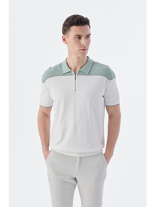 JAKAMEN Mint Beyaz Slim Fit Fermuarlı Polo Yaka T-Shirt