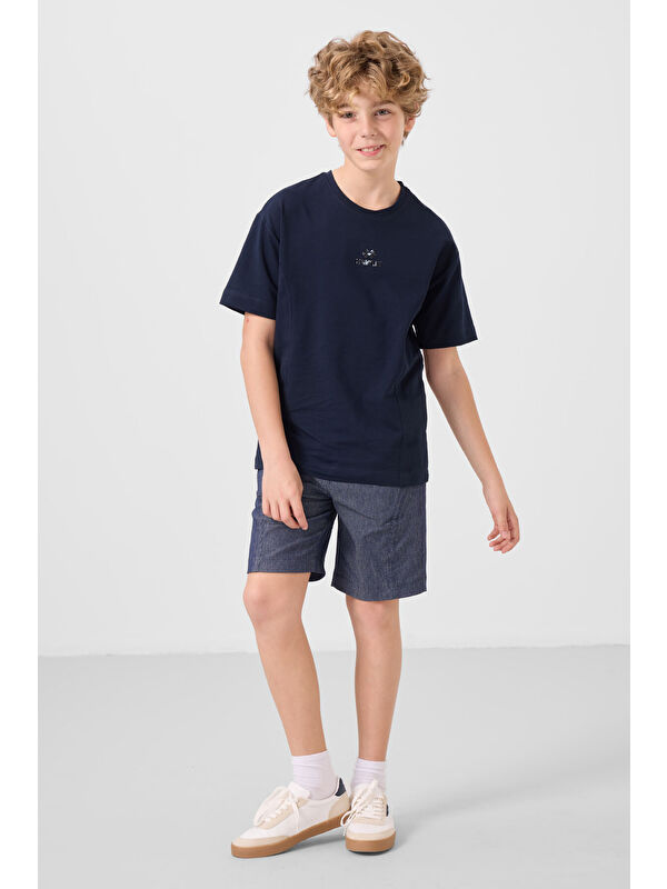 Tommylife Lacivert Jean Lacivert Pamuklu Oversize Fit Dokuma Hafif Esnek Chino Erkek Çocuk Şort Takım   11276