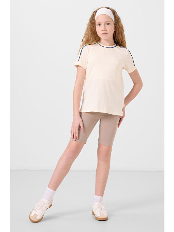 Tommylife Koyu Bej Pamuklu Kısa Paça Standart Fit Basic Kız Çocuk Tayt - 75188
