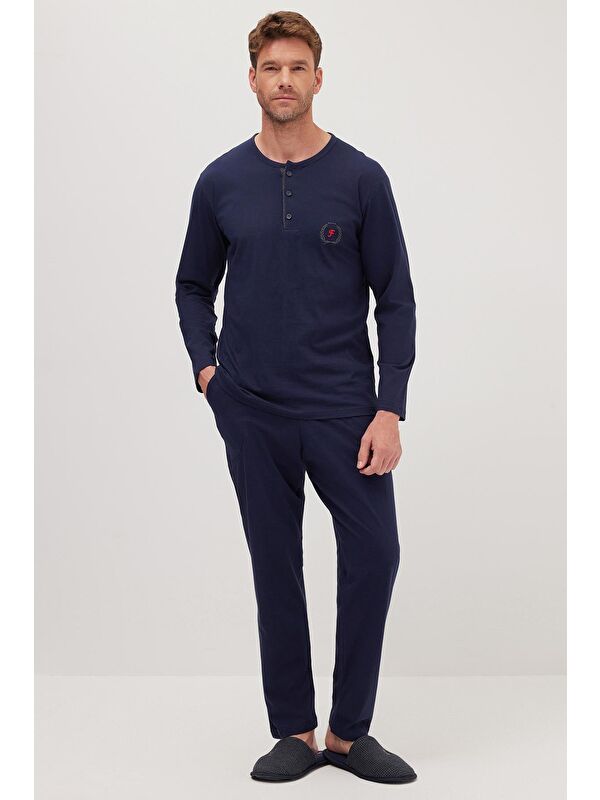 TUDORS Erkek Standart Fit %100 Pamuk Bisiklet Yaka Beli Lastikli Lacivert Pijama Takımı