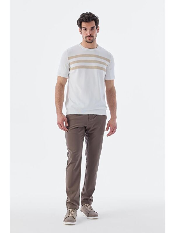 JAKAMEN Beyaz Slim Fit Bisiklet Yaka Desenli Triko T-Shirt