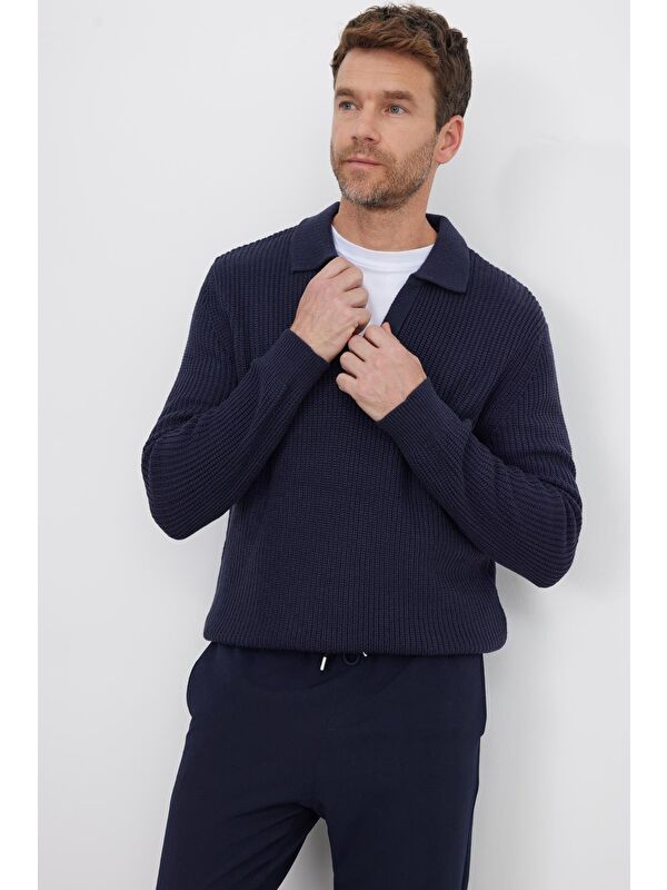 TUDORS Erkek Slim Fit Dar Kesim Polo Yaka Lacivert Kazak