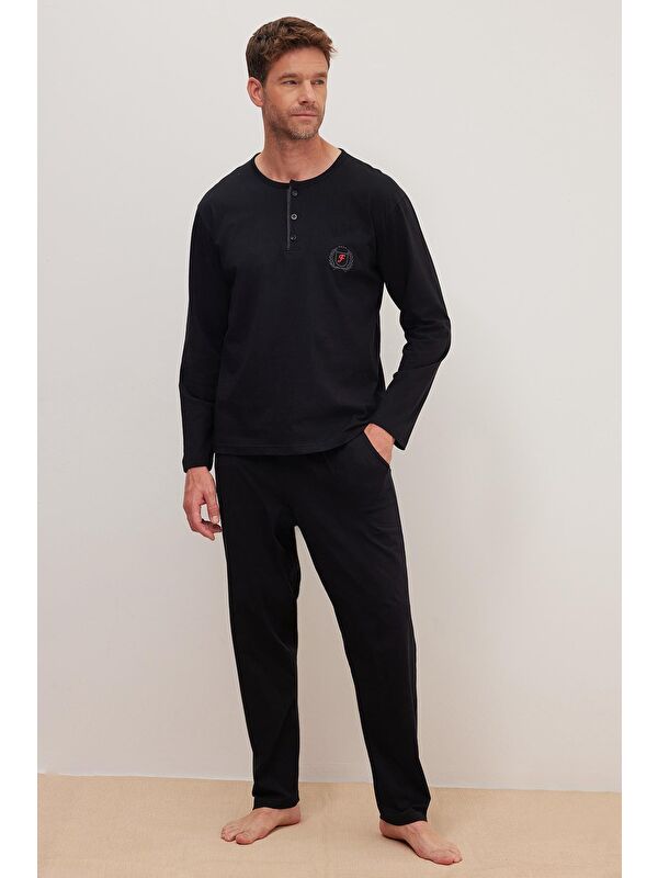 TUDORS Erkek Standart Fit %100 Pamuk Bisiklet Yaka Beli Lastikli Siyah Pijama Takımı