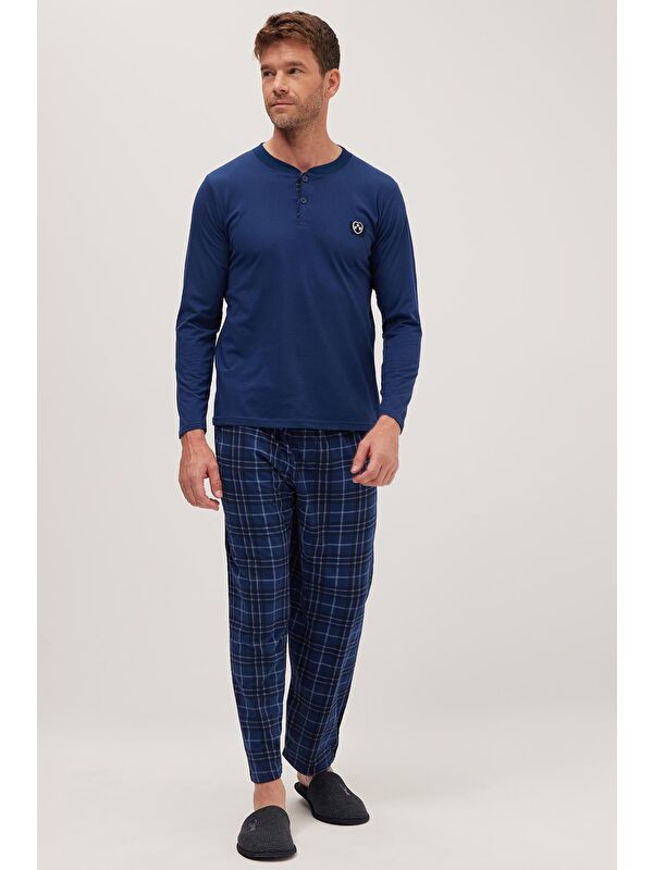 TUDORS Erkek Regular Fit Pamuklu Düğmeli Yaka Beli Lastikli Desenli İndigo Pijama Takımı