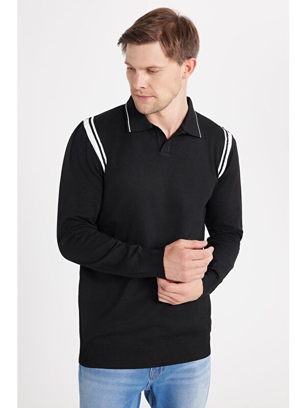 TUDORS Erkek Slim Fit Dar Kesim Uzun Kol Polo Yaka Çizgili Siyah Kazak