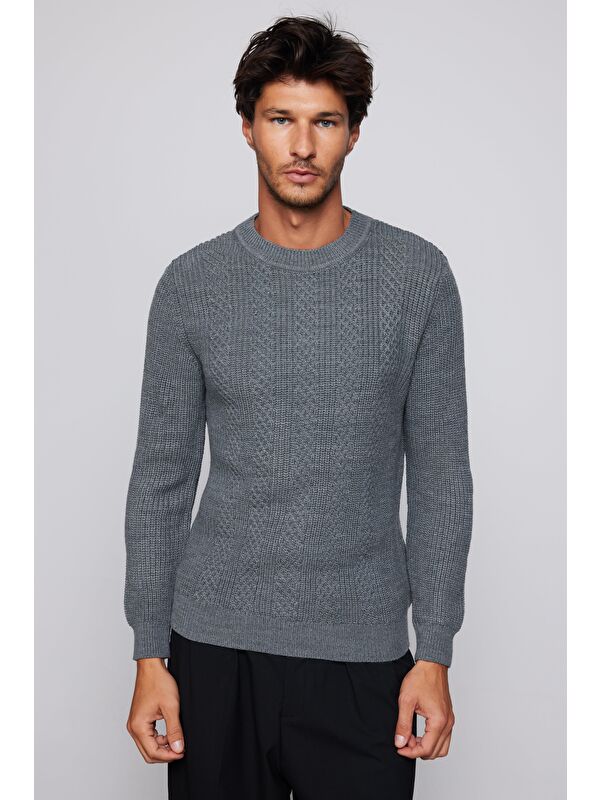 TUDORS Erkek Slim Fit Bisiklet Yaka Desenli Gri Triko Kazak