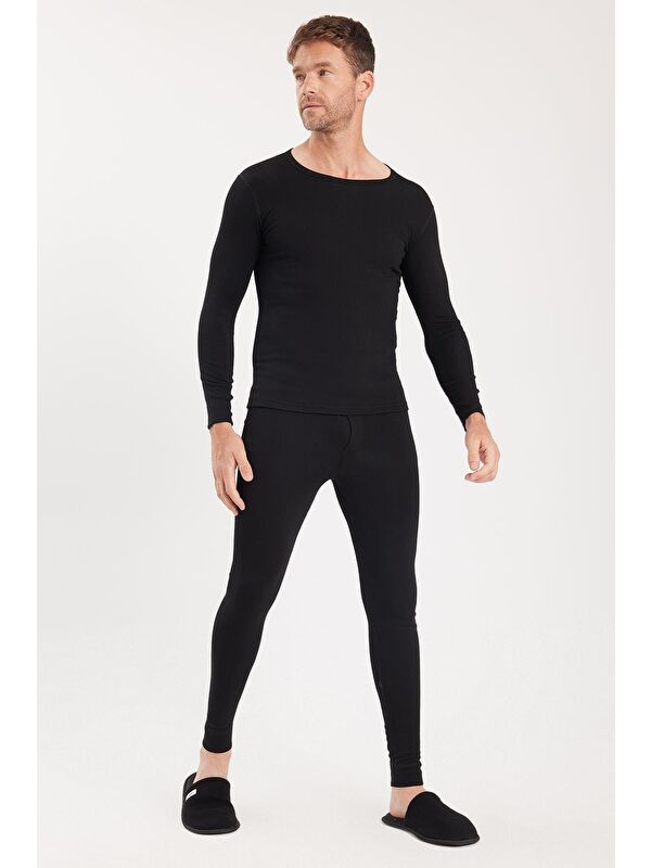 TUDORS Erkek Slim Fit Dar Kesim Bisiklet Yaka Siyah Termal Alt Üst Takım