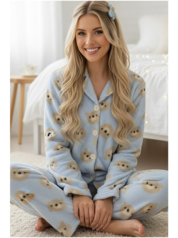 Siyah İnci mavi ayıcık desenli Düğmeli Wellsoft Pijama Takım 7922