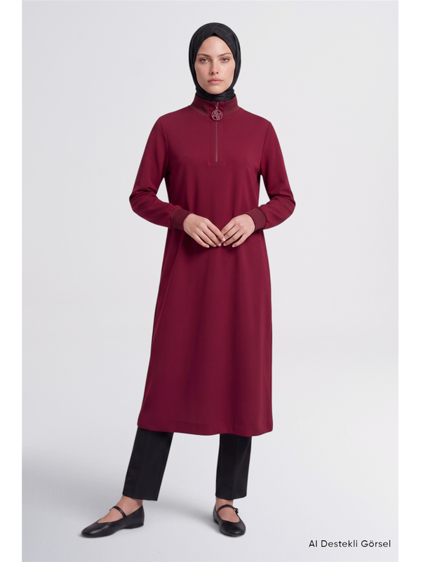 ARMİNE Fermuar Detaylı Basic Tunik Bordo