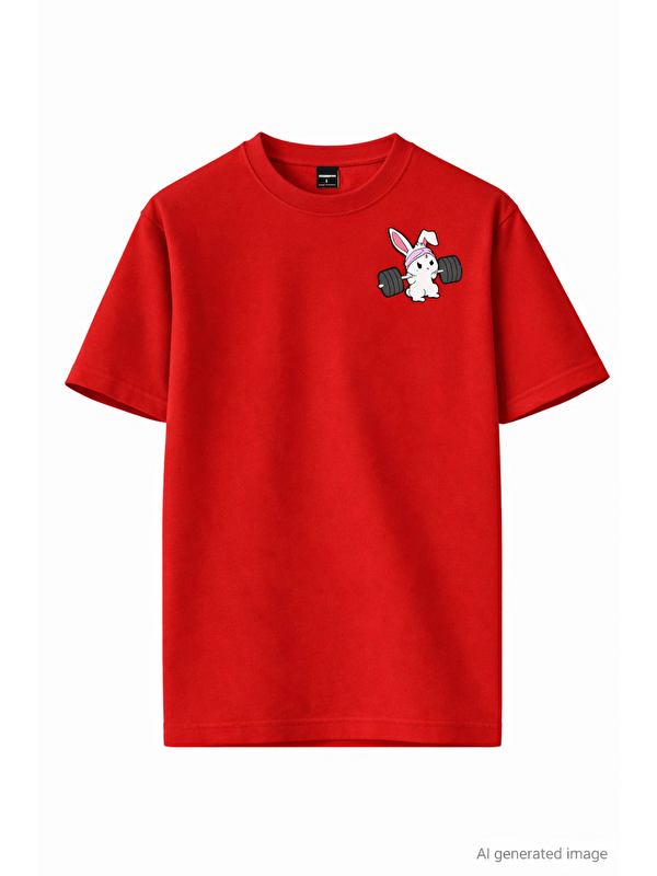 Oksit Kırmızı Gym BunnyHalter Kaldıran Tavşan Baskılı Unisex  Pamuklu Tişört-20045